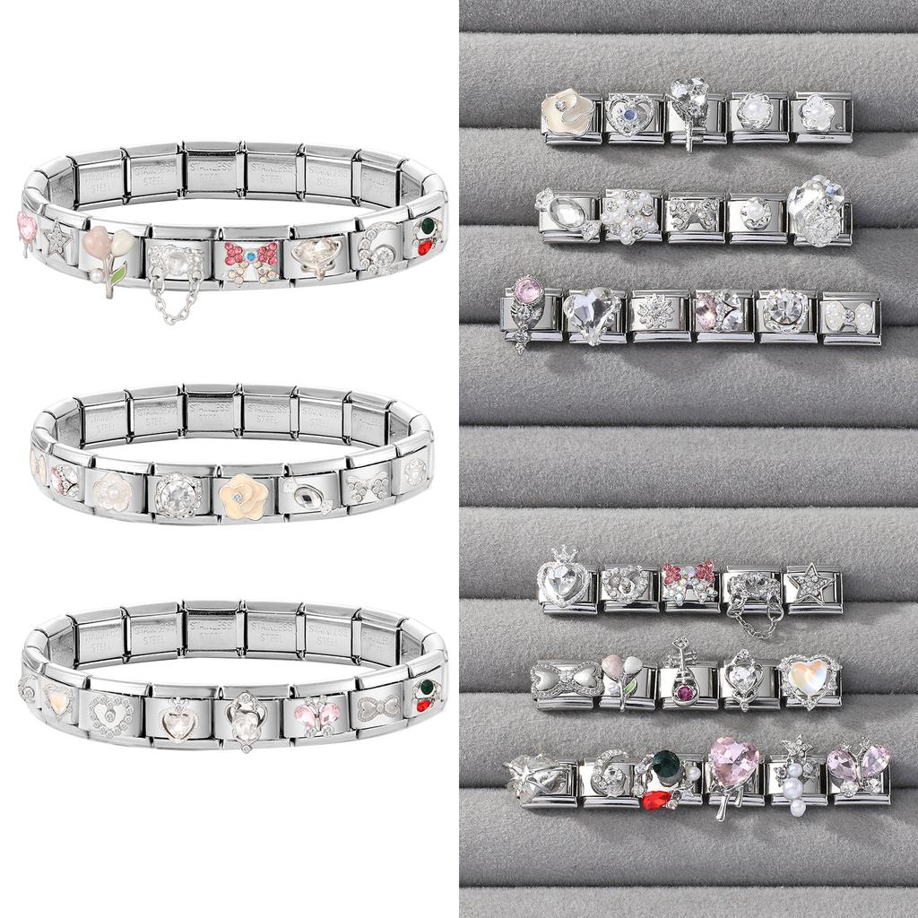 Shiny Zircon Bow Knot Cherry Heart Butterfly Pendant Italian Charm Links Fit 9mm Stainless Steel Bracelet Women DIY Making Gift