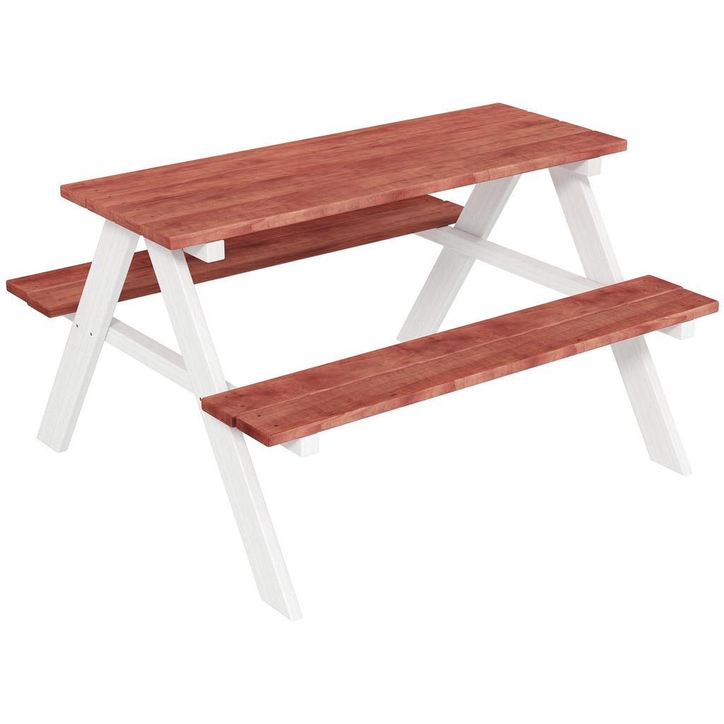 Children's picnic table with solid wood benches, children's table for the garden, 89 x 79 x 50 cm, brown and white