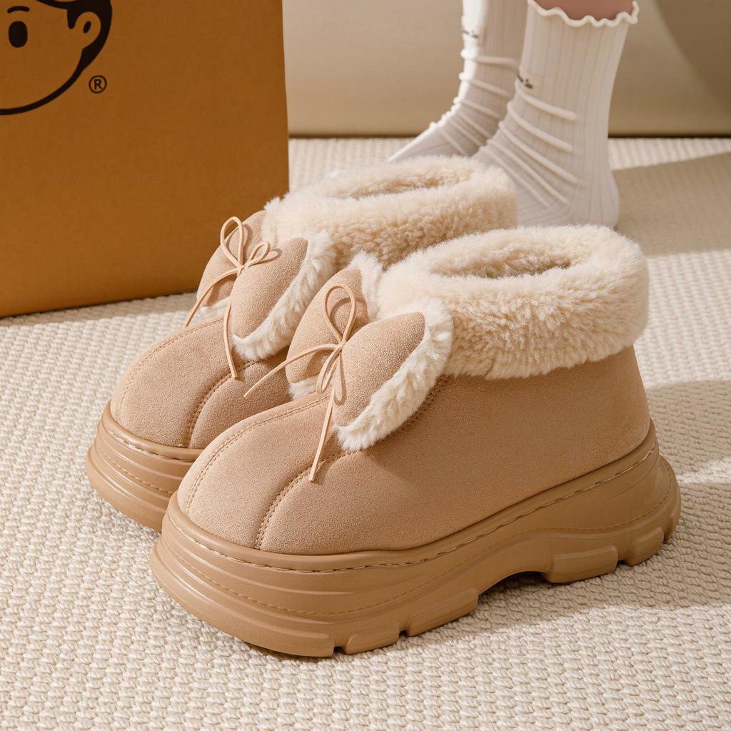 Thick Soled Butterfly Knot Women Cotton Shoes Winter  Warm Furry Outdoor Non Slip Platform Faux Fur Street Girl Snow Boots