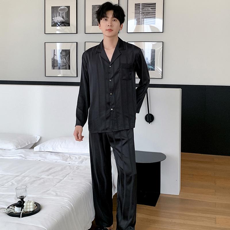 

Комплект пижамы-кардигана из ледяного шелка в полоску для пар - С длинным рукавом, Однотонный, Тонкий, Универсальная одежда для дома или улицы 2XL