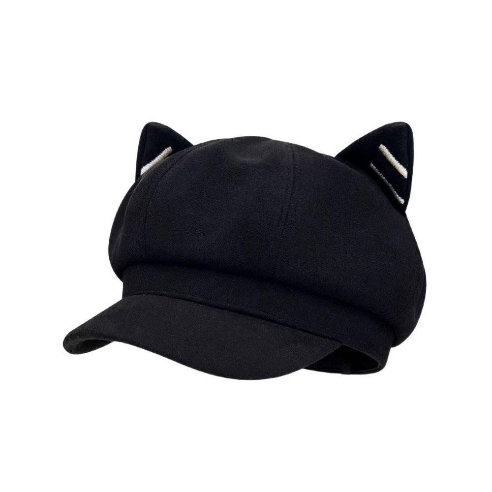Solid Color Cat Ear Hat Woolen Octagonal Cap Fashion British Beret Hat  Autumn Winter