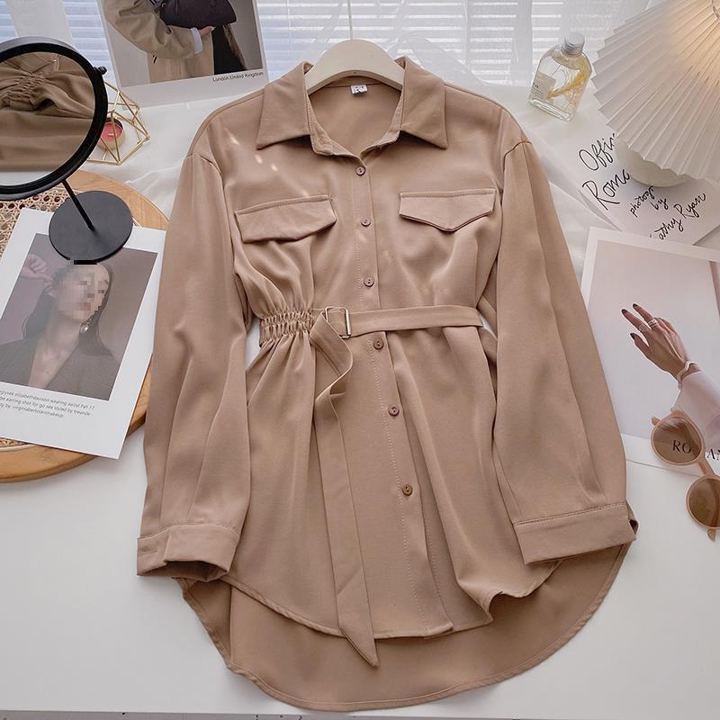 Women's Winter Mid-Length Korean Design Tie-up Long-Sleeved Shirt