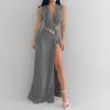 2026 European and American Women's Clothing Spring New Sexy Hollow Knot Slit V-neck Pleated Irregular Dress