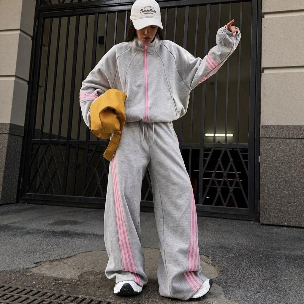 New Color Block Zip Up Classic Three Stripe Hooded Set Fashion Casual Two Piece Track Suit for Women