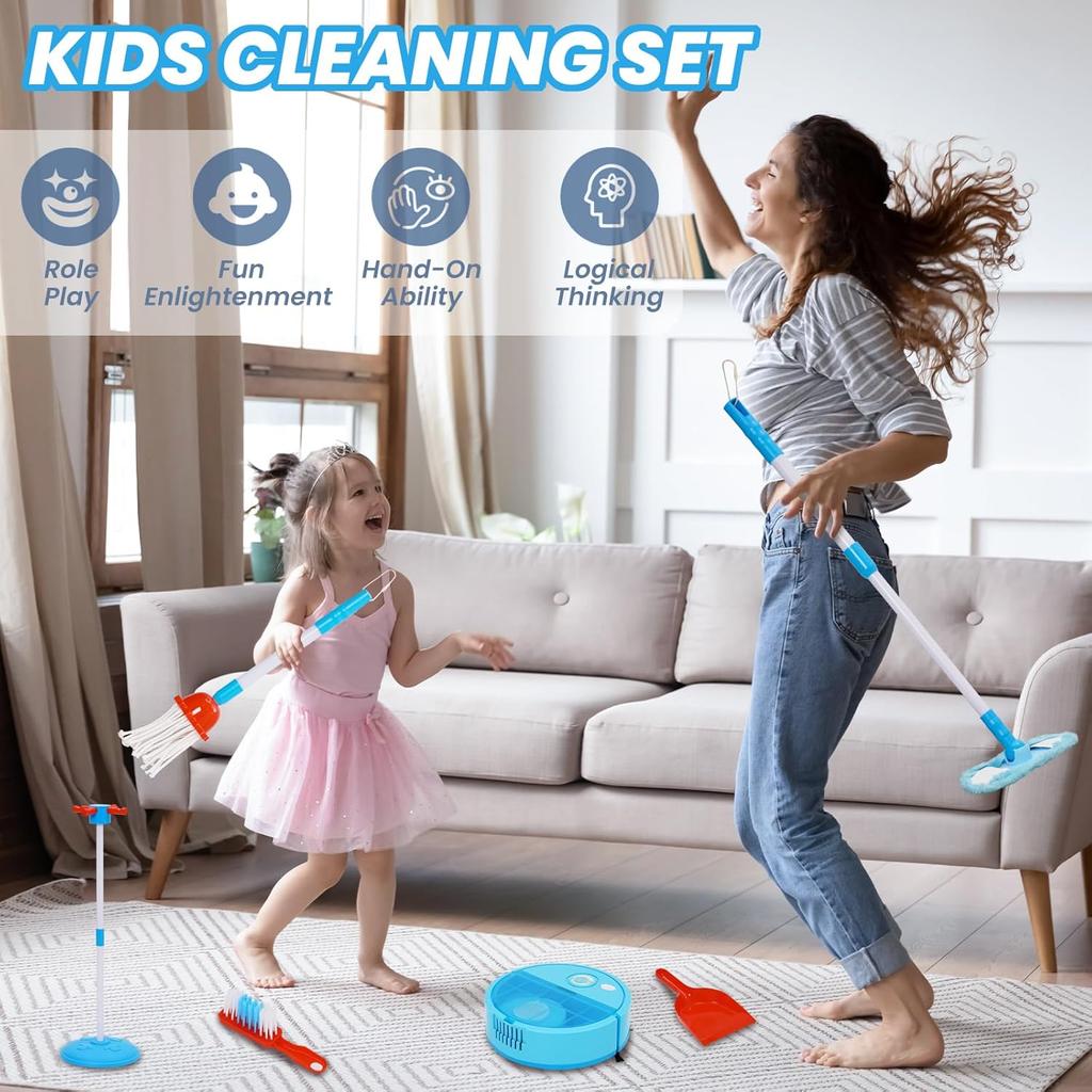Kids Cleaning Set for Toddlers Pretend Play Educational Set with Kids Toddler Vacuum Floor Sweep Robot Broom Mop Brush Dust Pan