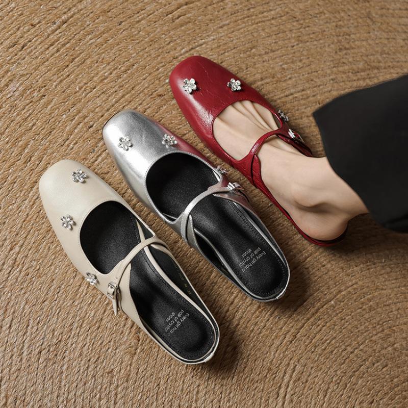 New Women's Flat-bottomed Slippers Summer One-pedal Slippers Beef Tendon Soft Sole Solid Color Leather Women's Shoes Casual Large Size Shoes