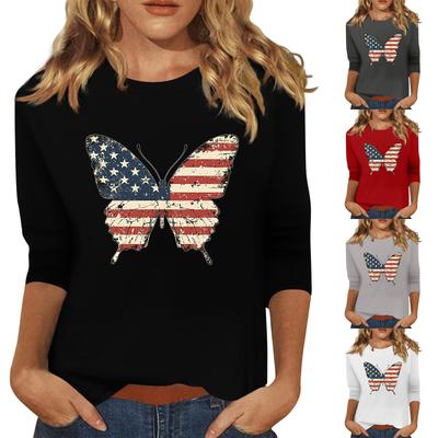 Damenmode, lässig, Rundhalsausschnitt, 3/4-Ärmel, lockeres T-Shirt mit Aufdruck zum Unabhängigkeitstag, Damenoberteil
