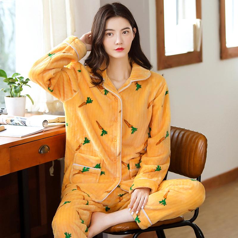 Women's Long Sleeve Coral Fleece Pajamas - Thick, Warm Flannel for Autumn and Winter