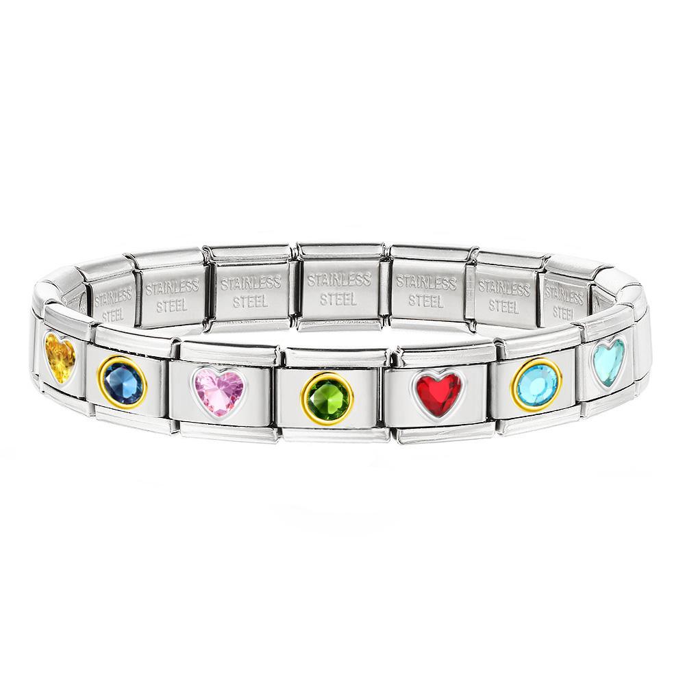 Stainless Steel Italian Bracelet Round Hearts Colorful Zirconia for Female Elastic Charm 9mm Link DIY Making Jewelry Party Gifts