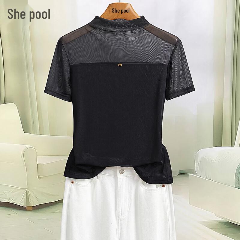 Shechi Sexy Mesh See-Through Round Neck Short Sleeve T-Shirt L чёрный