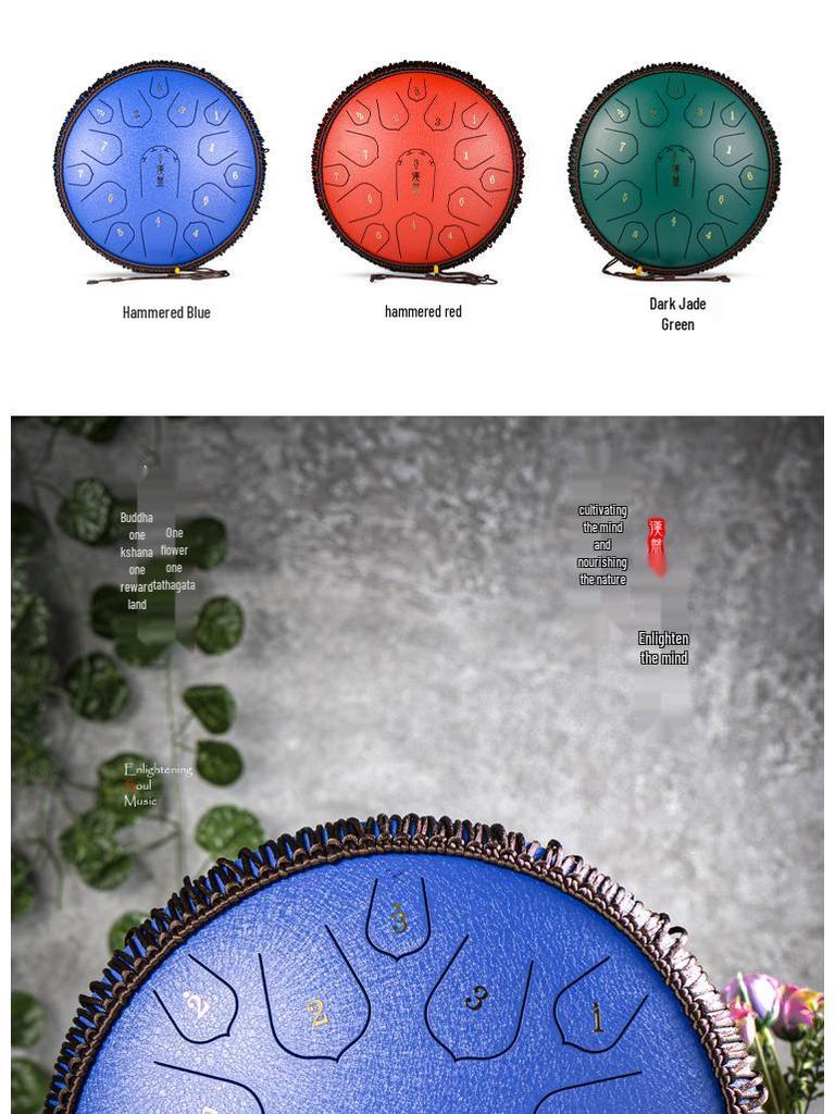 15-Note D Key Handpan Steel Tongue Drum, 14-inch, with Colorful Empty Sanskrit Design