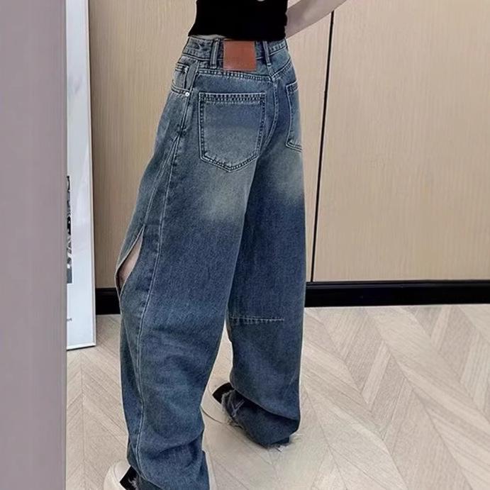 Plus Size Retro High Waist Wide-Leg Jeans for Women - Slimming, Floor-Length, Spring/Autumn