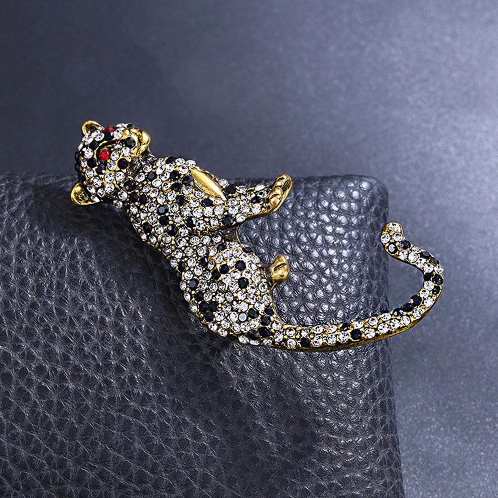 Mens Crystal Leopard Brooch Pin Rhinestone Cheetah Brooches Animal Jewelry Lapel