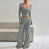 Women's Striped 2 Piece Outfits Long Sleeve Square Neck Cropped Top Drawstring Wide Leg Pants Set Casual Lounge Sweatsuits