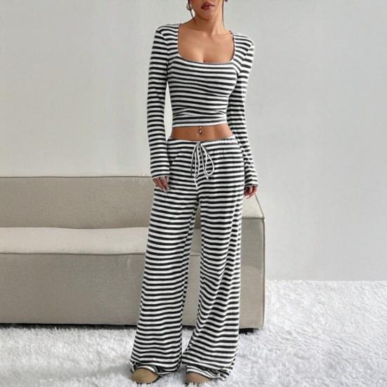 Women's Striped 2 Piece Outfits Long Sleeve Square Neck Cropped Top Drawstring Wide Leg Pants Set Casual Lounge Sweatsuits
