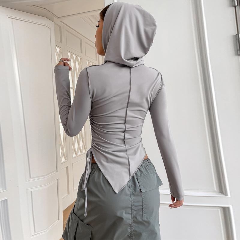 Women's Drawstring Ruffle Irregular Slim Hooded Top