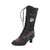 Fashion 2025 New Halloween Cosplay Boots Women Embroidery Witch Shoes Lace-up Kitten Heels Vintage Victorian Boots Party Woman