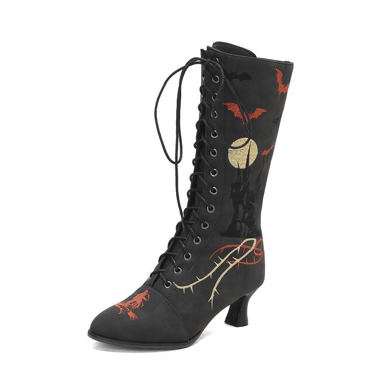 Fashion 2025 New Halloween Cosplay Boots Women Embroidery Witch Shoes Lace-up Kitten Heels Vintage Victorian Boots Party Woman