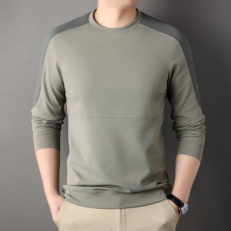 New Spring and Autumn Men's Sweatshirts, Mid-green Round Neck, Color-blocked Long-sleeved T-shirts, Men's Casual Bottoming Tops