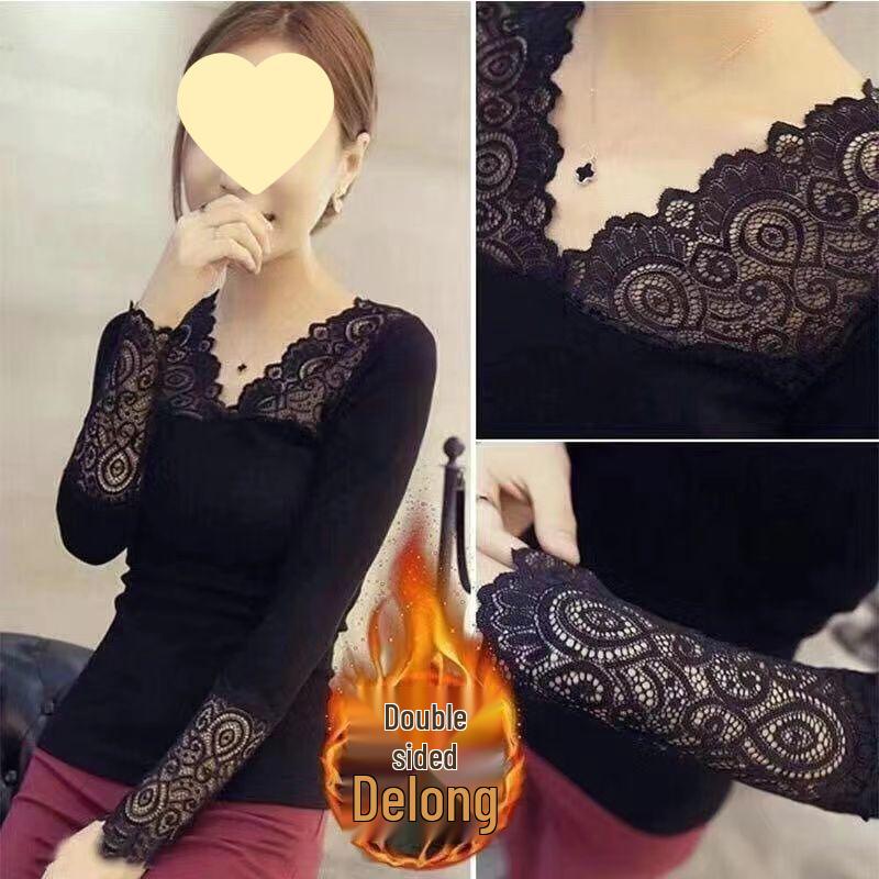 Women's Korean Style V-Neck Lace Modal Long Sleeve Base Layer Top, Plus Size, Slim Fit, Trendy for Autumn/Winter 2025