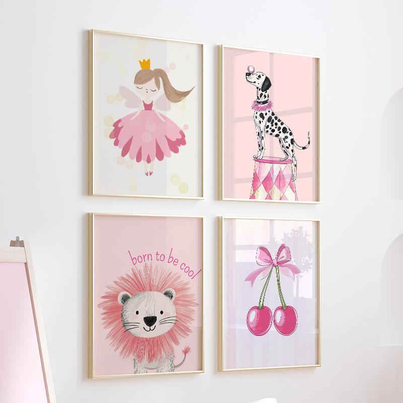 Pink Girl Lion Dog Balloon Cherry Nursery Wall Art Canvas Painting Cartoon Poster And Prints Pictures Baby Kids Room Home Decor