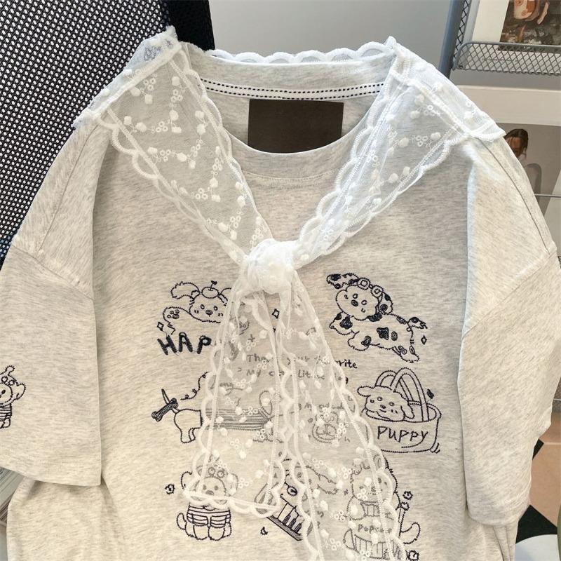 Spitzenschal Hunde Stickerei T-Shirt für Damen Sommer Kurzarm Rundhals T-Shirts Koreanischer Stil Lockerer Pullover Graues Oberteil