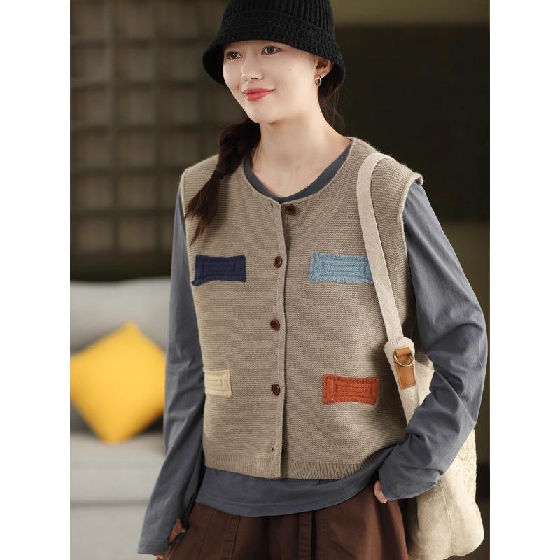 Dimanaf 2025 Women Sleeveless Autumn Buttons Vest Patch Sweaters Style Printing Knitting Loose Sweater