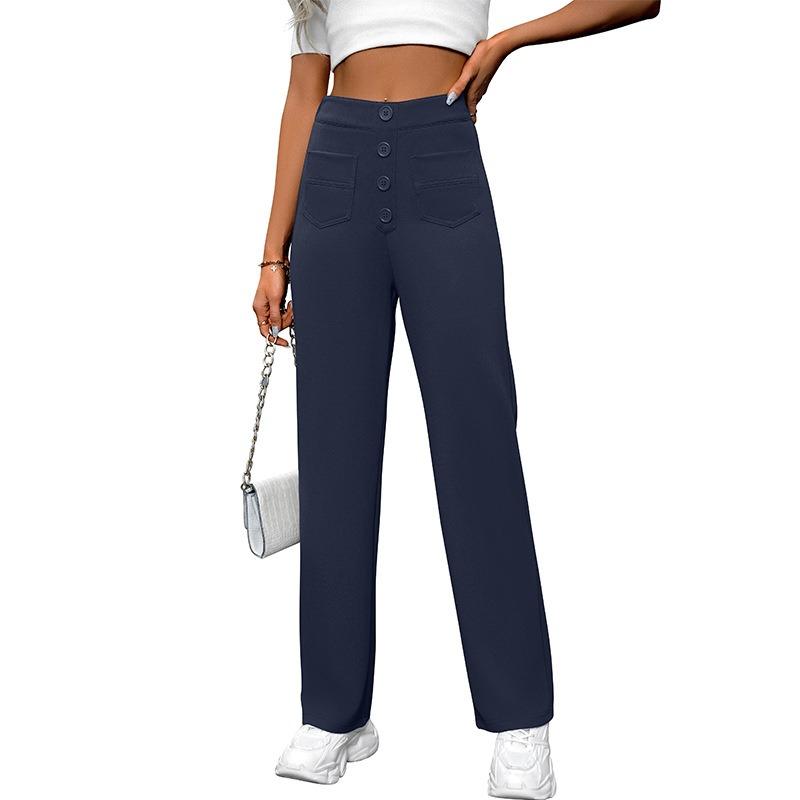 Women Casual High Waist Button Pocket Loose Straight Long Pants