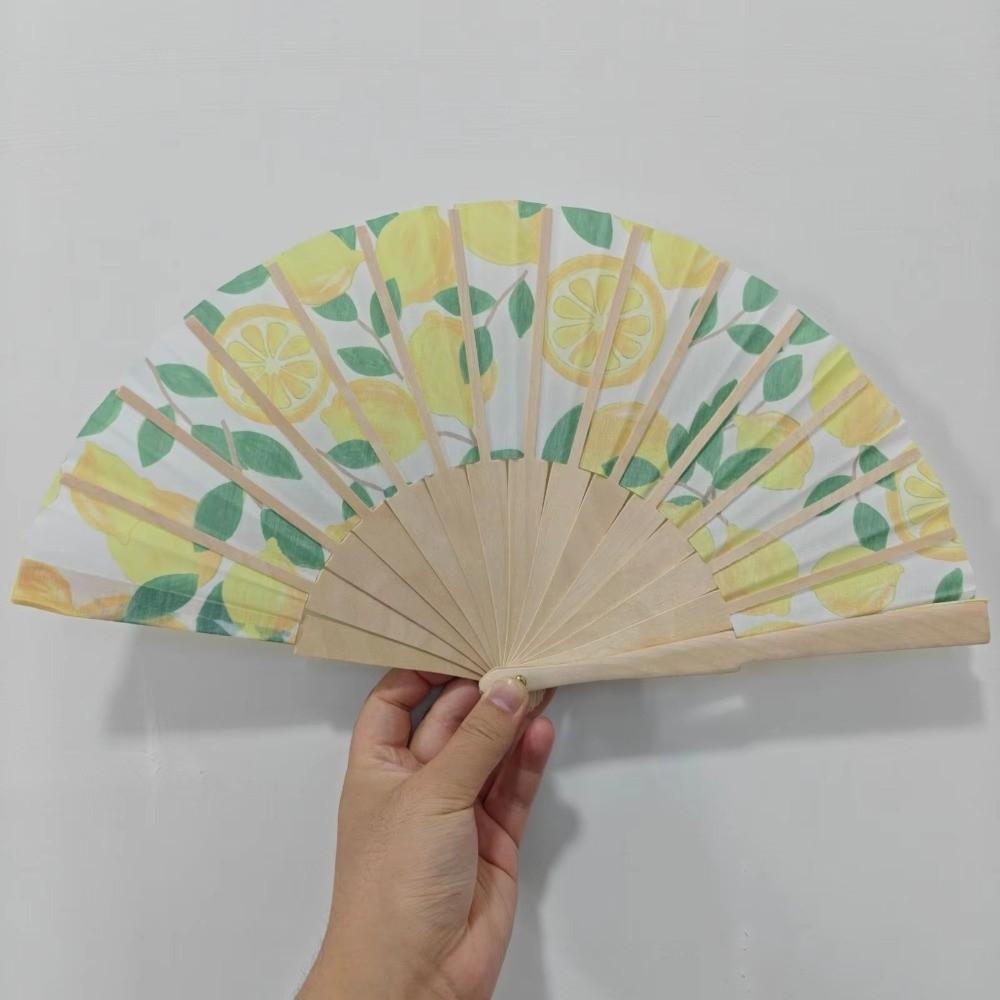 Wooden Handle Folding Hand Fan Lemon Print Hand Cranked Fan Lightweight Handheld Fan Photography