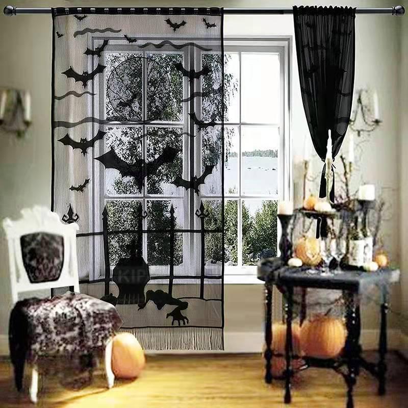 Halloween Decoration Spider Witch Bat Skull Door Curtain Ghost Festival Black Lace Curtain Home Party Decoration