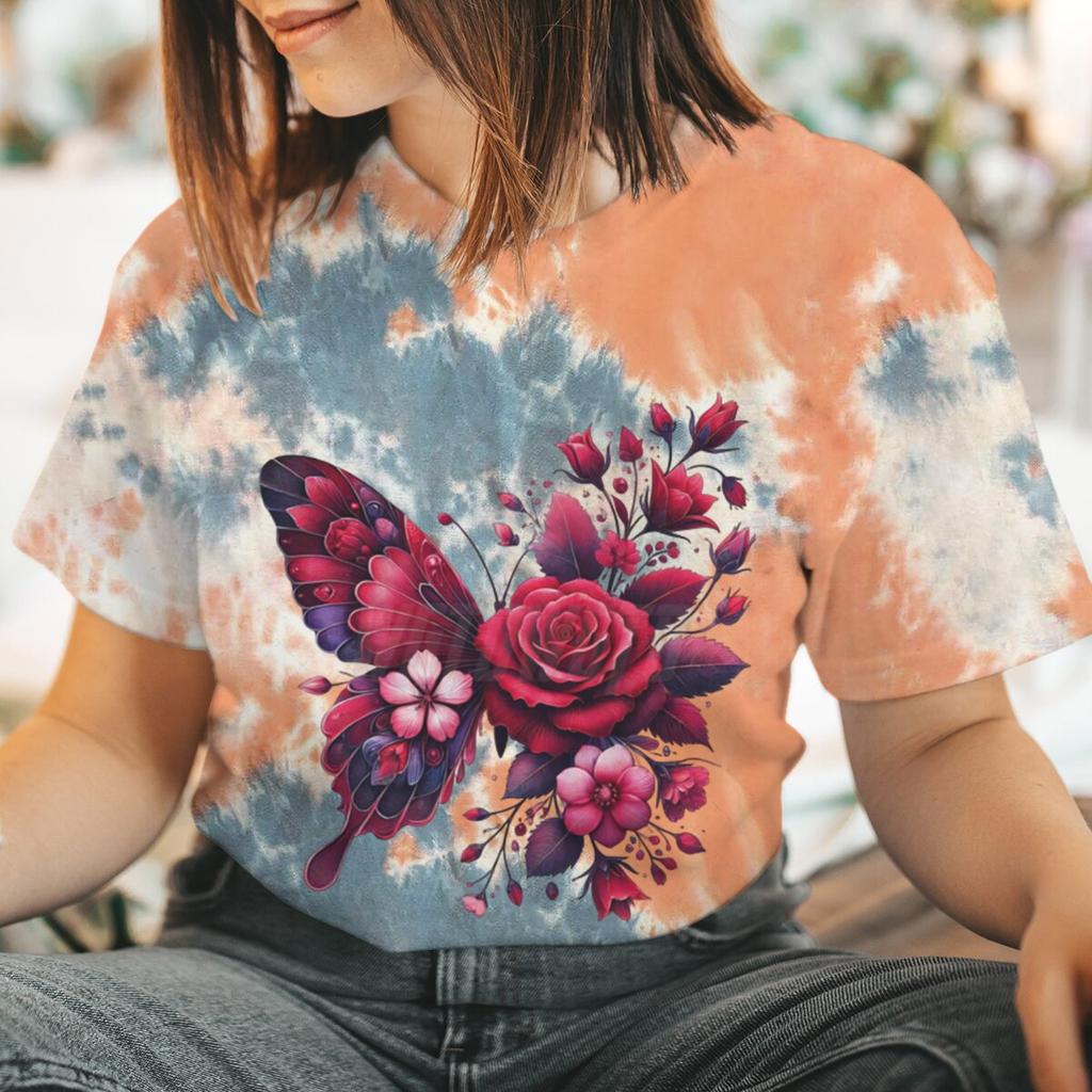 Floral Butterfly Fashion Clothes Summer Spring Flower Tee Ladies Cartoon Clothing Short Sleeve Graphic Women T-shirt Female Top