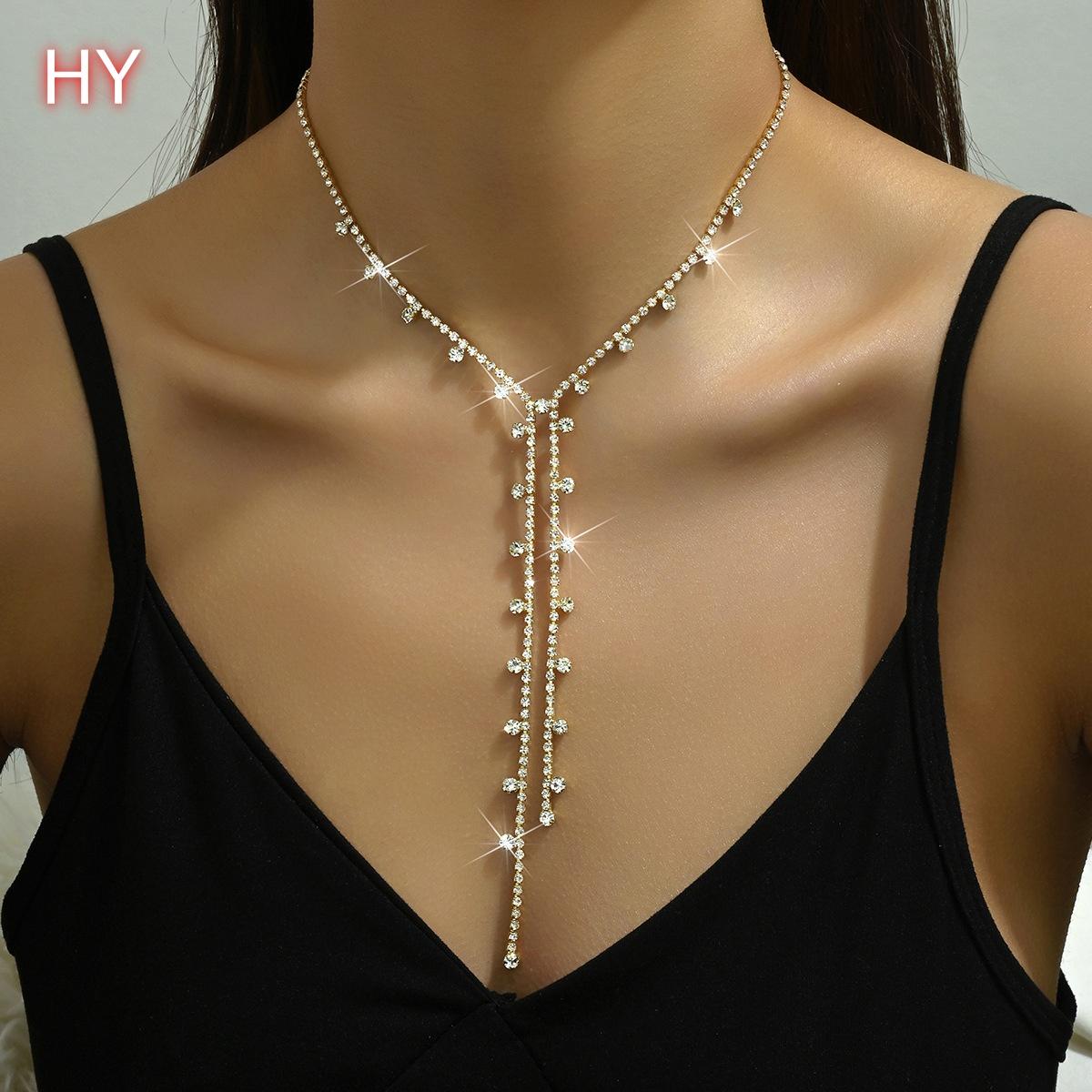 HY  European American Sexy Irregular Full Diamond Neck Chain Personalized Link Chain Long Tassel Necklace Trendy New Accessories