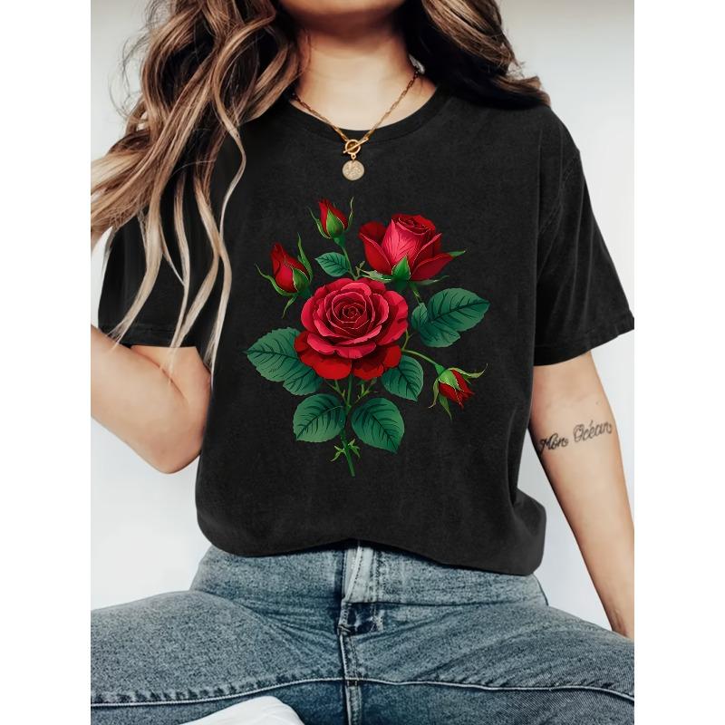 Dámské tričko s potiskem růží, evropská velikost - Krátký rukáv, kulatý výstřih, ležérní top, design s vínovými listy a růžemi, pro jarní a letní ležérní oblečení
