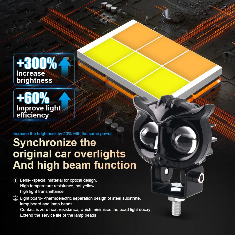 Motorcycle Headlight Led Owl Design Strobe Flash Spotlights White Yellow High Low Beam Scooter Auto Fog Light Running Lamp 12V