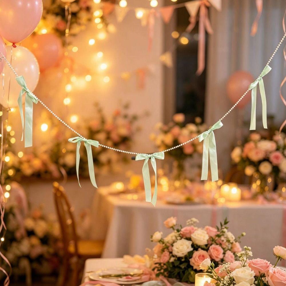 Reusable Bowknot Banner Hanging Pendant DIY Bow Beaded Garland  Wedding Backdrop Wall Decor