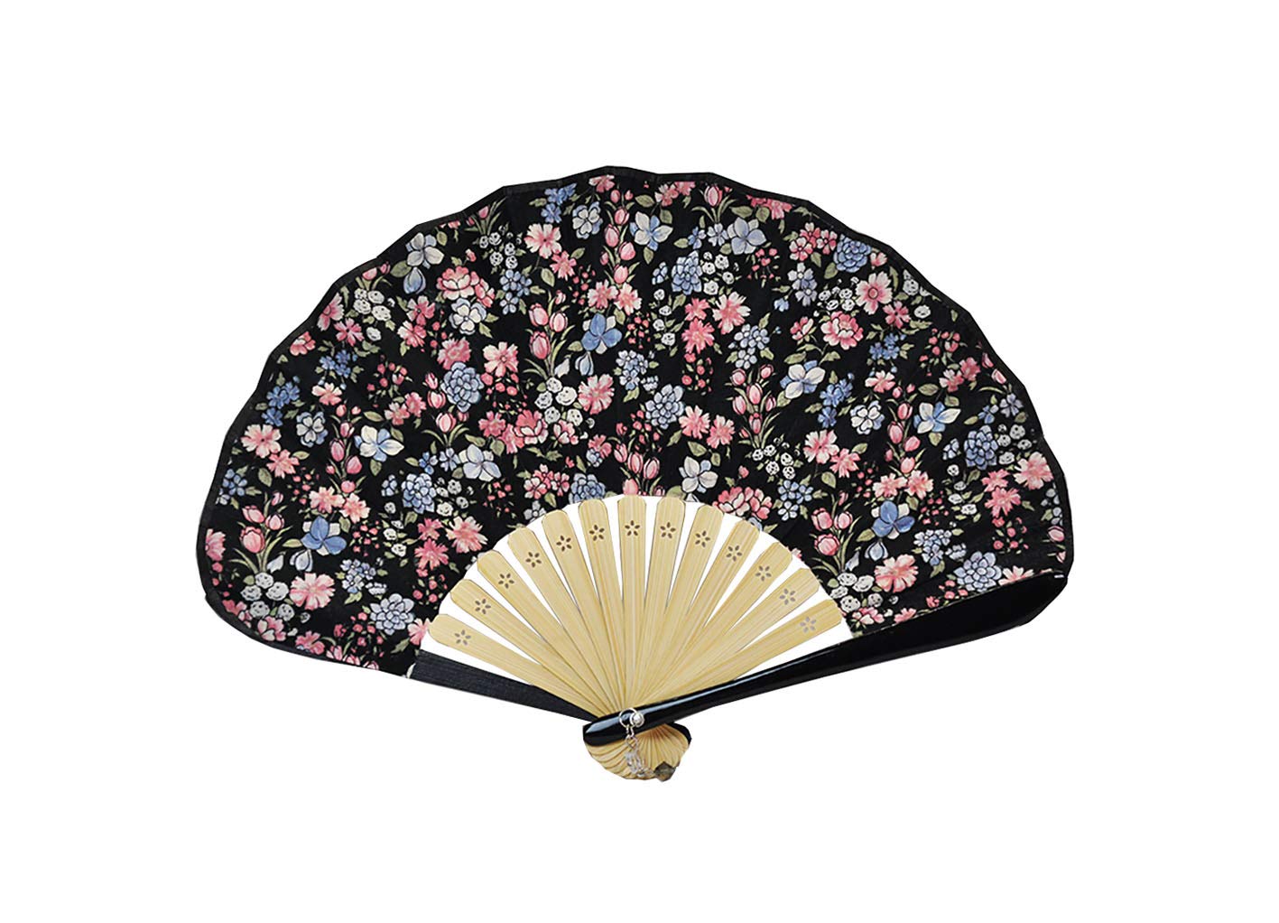 Women s Fan-shaped folding fan with black background, tulips and small flowers