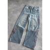 Y2K Vintage High-Waisted Wide-Leg Denim Jeans With Embroidered Floral Detail Streetwear Unisex Pants