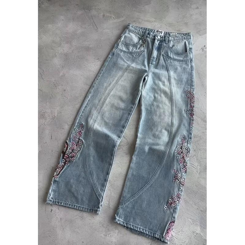 Y2K Vintage High-Waisted Wide-Leg Denim Jeans With Embroidered Floral Detail Streetwear Unisex Pants