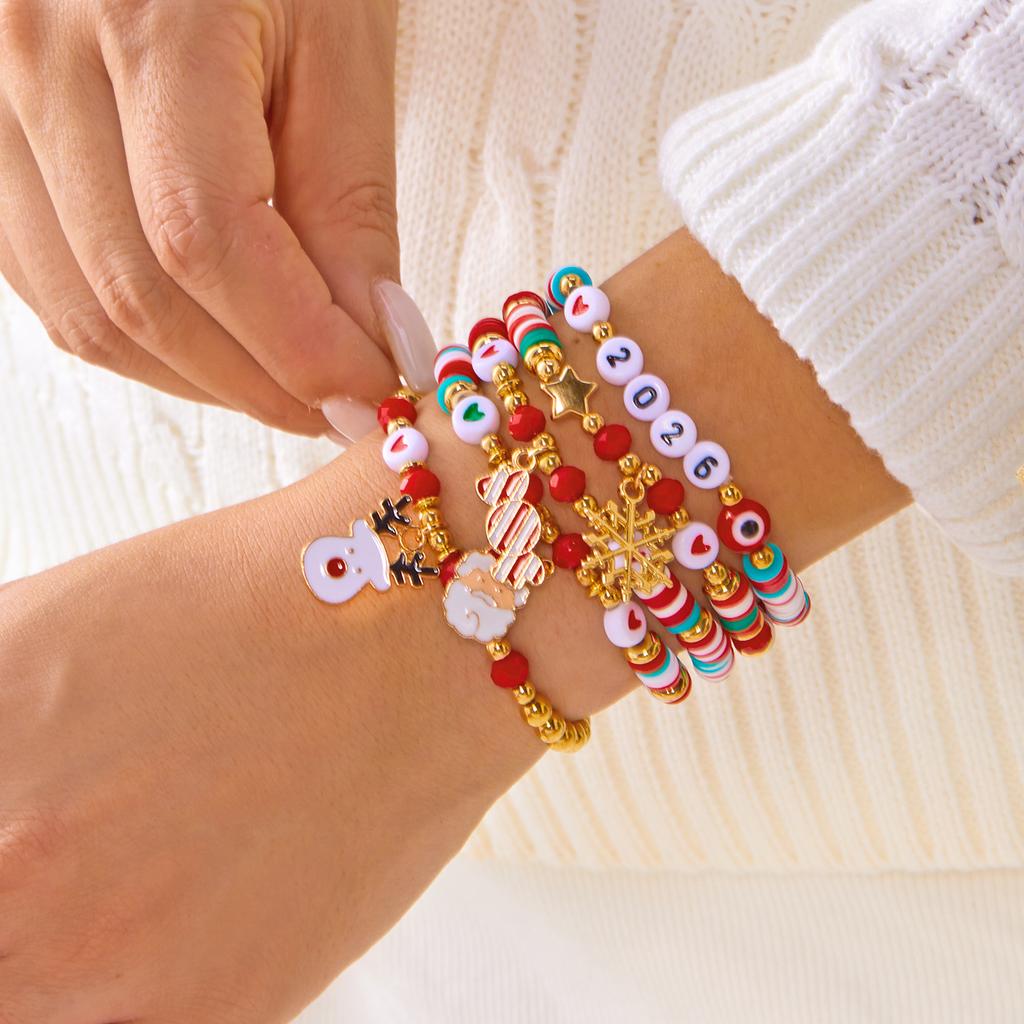 4Pcs/Set Christmas Tree Santa Claus Bracelet For Women Xmas Deer Snowflake Pearl Polymer Clay Beads Bracelets New Year Jewelry