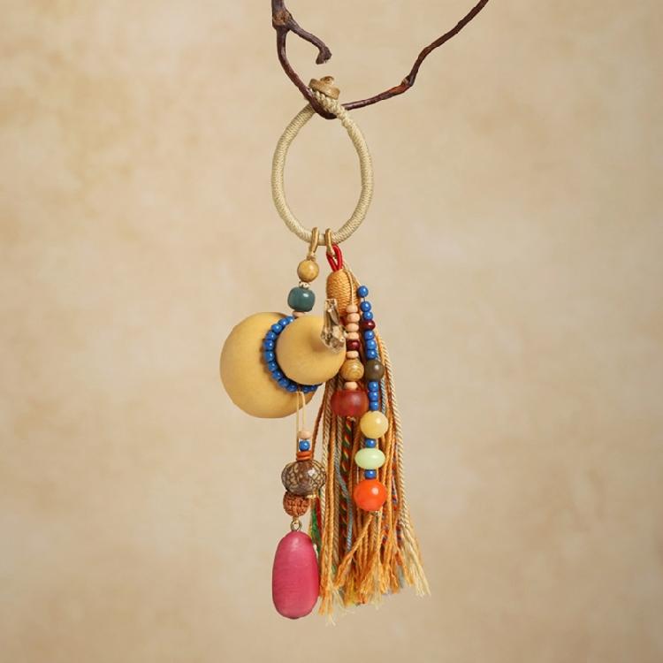 Portable Travel Keychain Designed with Lightweight Woven Gourd and Tassels Detail Handmade Keyring Accessory