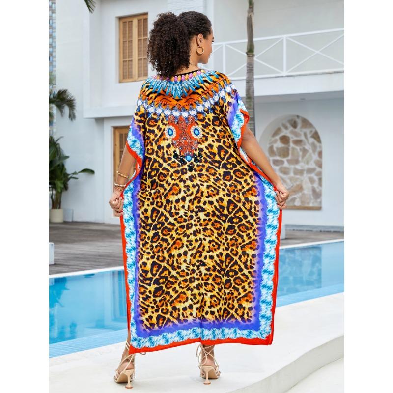 Plus Size Beach Print Dress for Women Bat Sleeve Bikini Suntan Cover Up