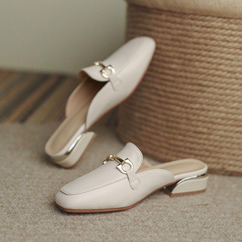 Fashion Black Job Low Heel Outside Leather Mules Nude Color Women's Slippers and Ladies Sandals Slides Shoes Small Size On Offer Trend F