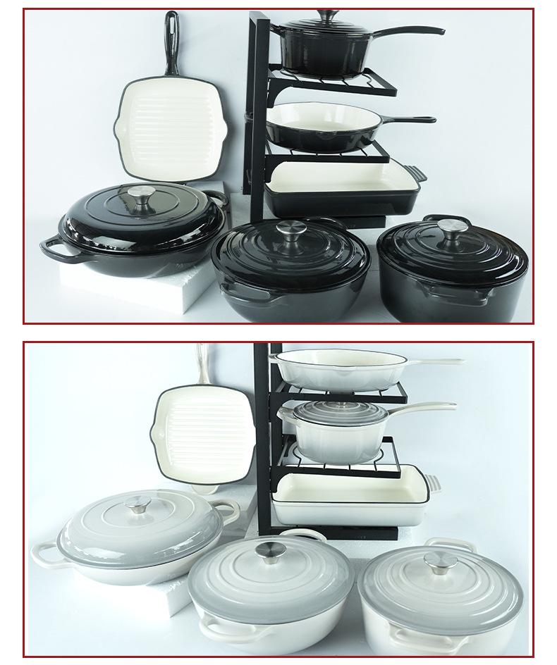 Seven-Piece Cast Iron Enamel Cookware Set: Includes Frying Pan, Flat-Bottom Pot, Stew Pot, Seafood Pot, and Mommy Pot