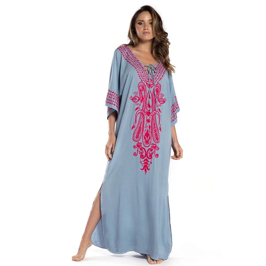

Embroidered Cotton Beach Robe Cover-Up - 7 Colors One Size