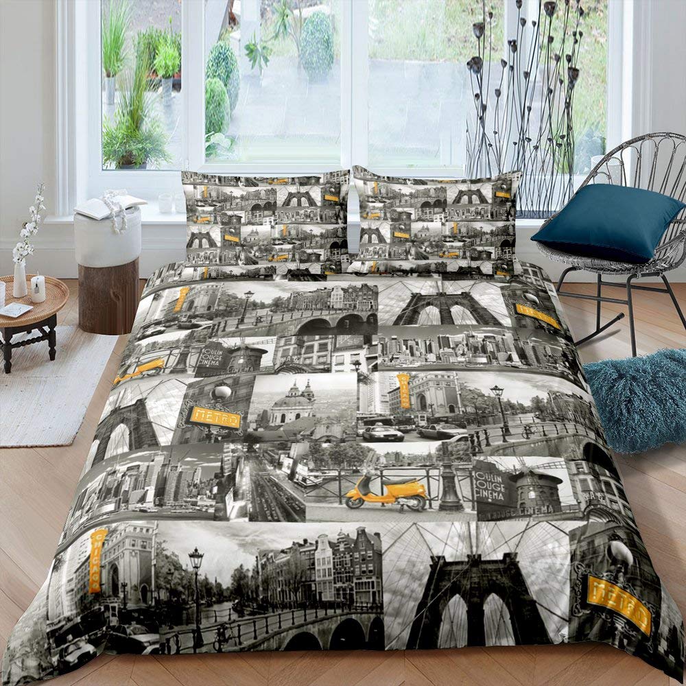 Cityscape Duvet Cover Set New York City Night View Quilt Cover For Boys Adults Microfiber Building Bedding Set 2/3Pcs King Size