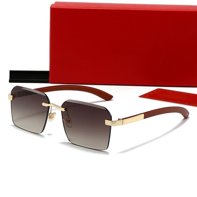 Fashion Rimless Square Sunglasses for Men Women New VintageMetal Frame with Wooden Temple, Classic Retro Shades UV Protection
