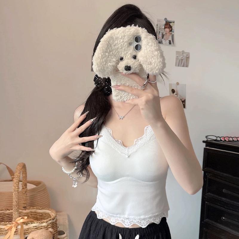 

Летняя Сексуальная Майка на Тонких Бретелях с V-образным Вырезом, Кружевной Вставкой, Открытой Спиной и Без Рукавов для Женщин белый