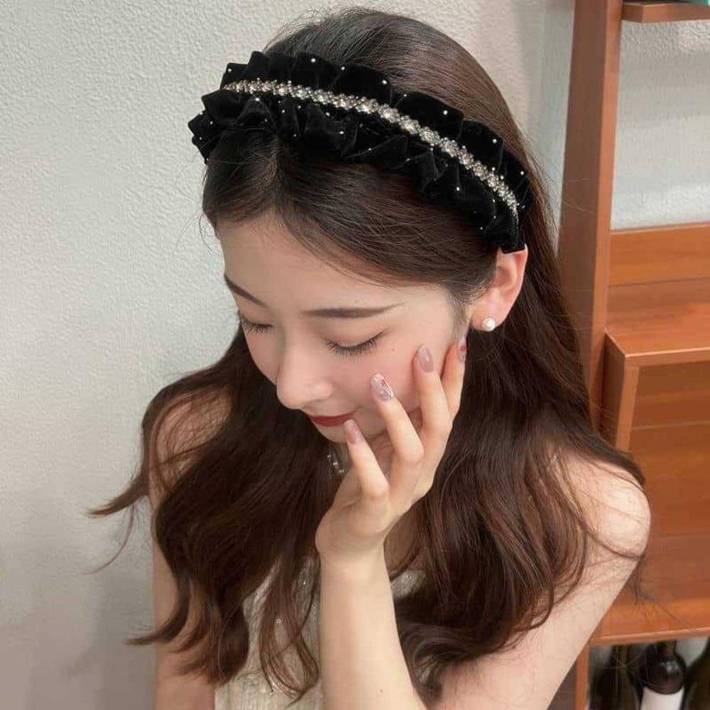 Sweet Velvet Pleated Hair Hoop Elegant Women Sequin Hairband Shiny Rhinestone Headband  Banquet