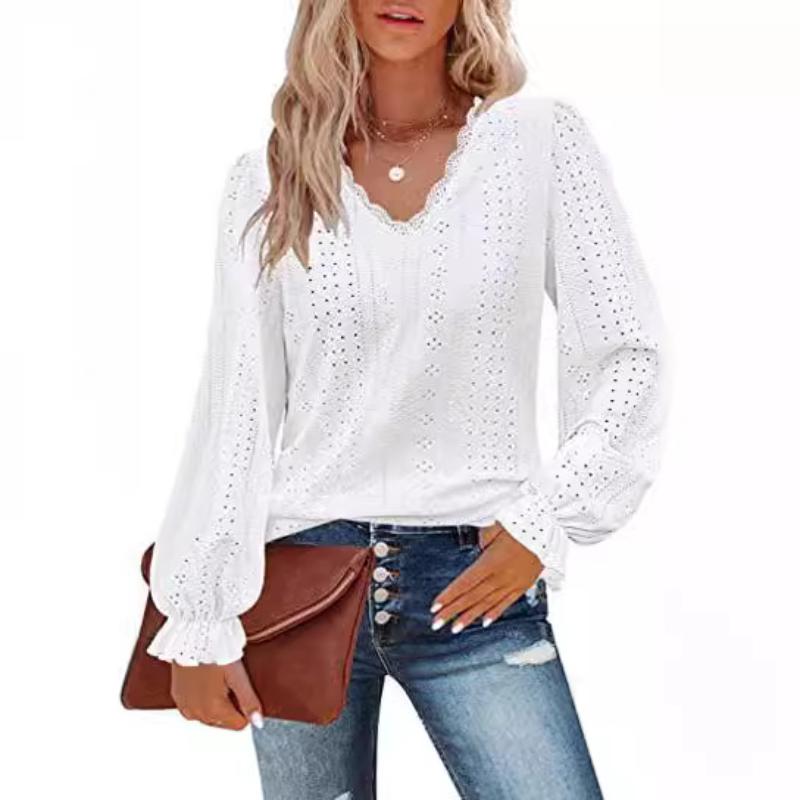 Women's Lace V Neck Puff Long Sleeve Eyelet Tops Dressy Business Casual Work Shirts Blouses Crochet Hollow Out Blouse Lace Pullover Top S-XXL
