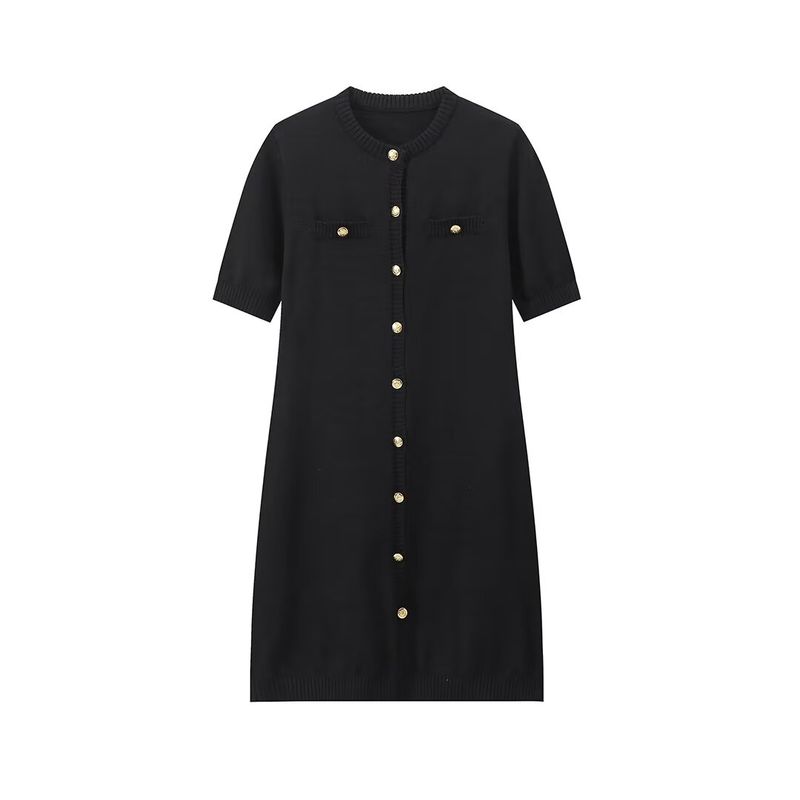 Kaslead New Arrival Women's Clothing Fashion Style Fashion Minimalist Two-Color Knitting Short Sleeve Button Dress Sweater